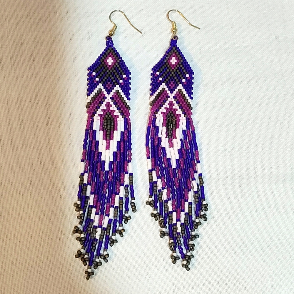 Handmade beaded Native American style earrings with fringe